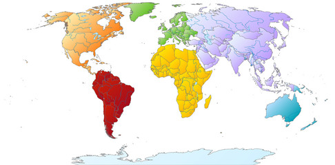 Fototapeta na wymiar Mapa świata z kolorowymi kontynentami