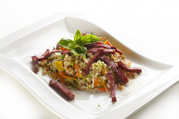 Spelt risotto with baked ham and vegetable