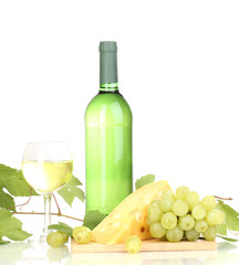 Bottle of great wine with wineglass and cheese isolated on