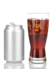 Open aluminum can and glass of cola isolated on white.