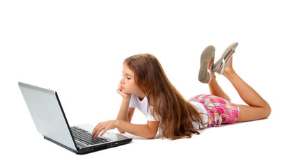 beautiful girl with laptop isolated on white