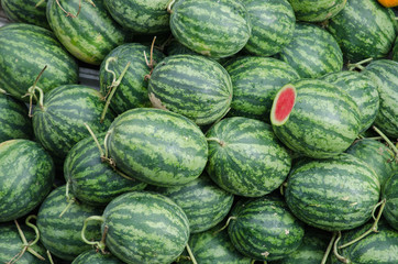 A watermelon stall with one was cut, Mekong Delta, Vietnam