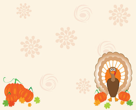 vector card for thanksgiving with turkeu and pumpkins