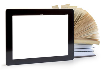 Open Books and tablet pc concept with blank screen
