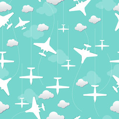 vector seamless background with airplanes and clouds