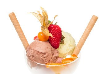 yogurt and chocolate ice cream in a bowl close up