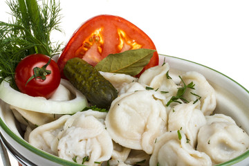 Bowl with traditional russian dish - pelmeni