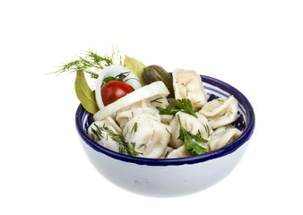 Bowl with traditional russian dish - pelmeni