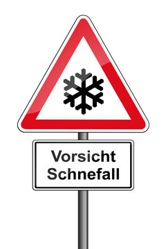 Warnschild RAL 3001 signalrot freigestellt - Vorsicht Schneefall