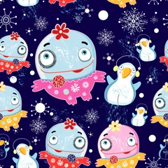 Poster Im Rahmen Weihnachtstextur mit Monstern und Pinguinen © tanor27