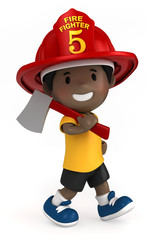 3d render of a firefighter kid holding a toy axe