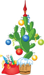 New Year cactus as fir-tree with balls and ribbons