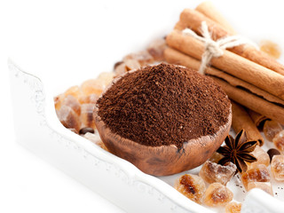 Ground coffee, cinnamon and brown sugar