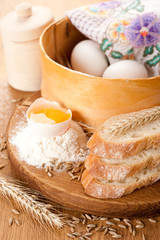 The basic ingredients for baking, white bread and wheat ears