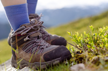 zwei Wanderschuhe vor Berglandschaft