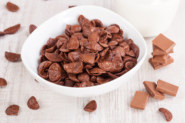 healthy breakfast with bowl of chocolate cereal and milk