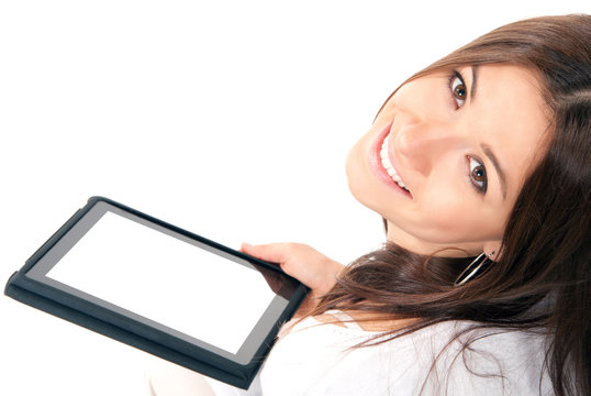 Young woman with new electronic tablet touch pad