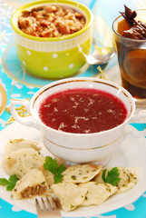 red borscht and  ravioli (pierogi) for christmas