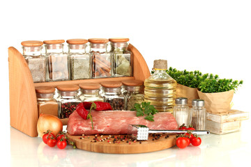 composition of raw meat, vegetables and spices isolated on