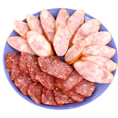 Tasty sliced sausage on plate isolated on white