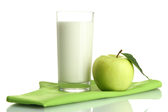 Glass Of Kefir And Green Apple, Isolated On White