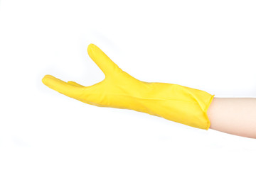 hand wearing yellow glove - isolated
