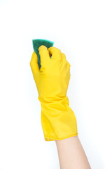 hand in yellow glove with sponge - isolated on white background