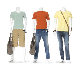 three male mannequin dressed in jeans with bag