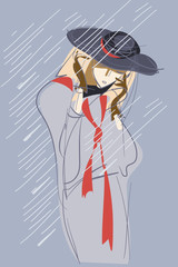 Sketch of a girl who hides her face from raindrops