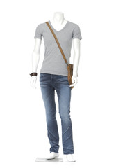 Full male mannequin dressed gray t-shirt with bag