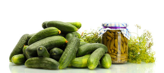 fresh cucumbers, pickles and dill  isolated on white