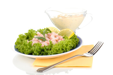 Delicious marinated shrimp in plate isolated on white