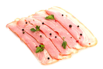tasty bacon with spices, isolated on white