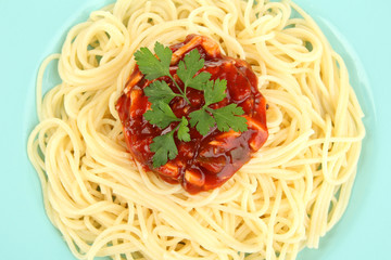 Italian spaghetti in plate close-up