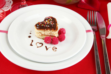 Table setting in honor of Valentine's Day close-up