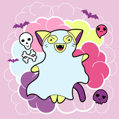 Vector kawaii illustration Halloween cat and creatures.