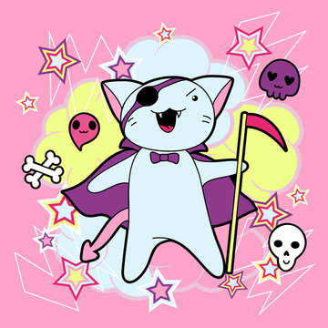 Vector kawaii illustration Halloween cat and creatures.
