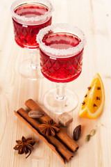 Two glasses of mulled wine and spices