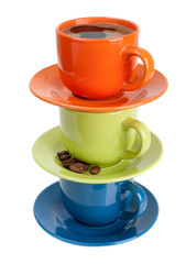 Colored cups of coffee and coffee beans on white background