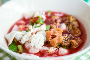 Rice Noodles with shrimp and fish ball in red soup