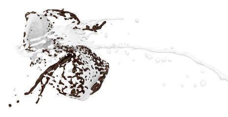 Fototapeta na wymiar black coffee and milk splashes collide isolated on white