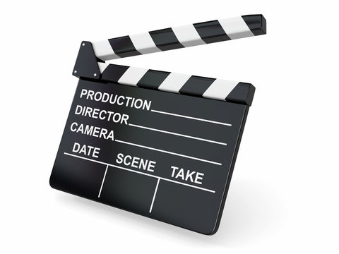 Movie industry. Clapperboard on white background.