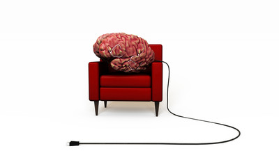 big brain relaxing in a red armchair