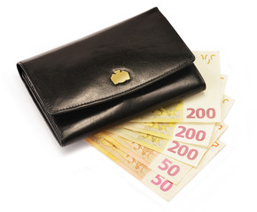 Black wallet and Euro banknotes isolated on white