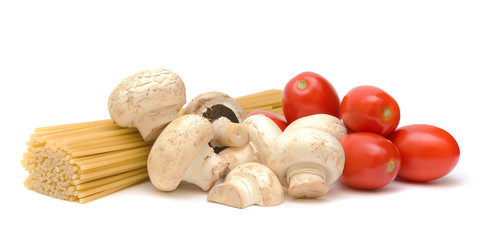 pasta, mushrooms, tomatoes on a white background