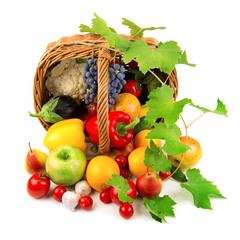 collection of fruits and vegetables in a wicker basket