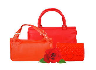 Red women bags and rose flower isolated on white background