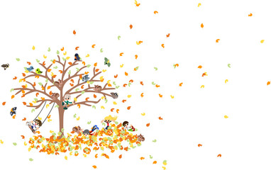 たくさんの落ち葉が絨毯になって、その上で動物達とはしゃぐ子供達。