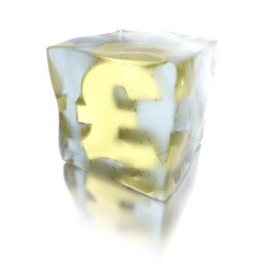 3d ice cube with golden pound inside
