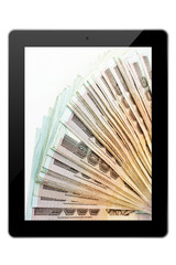 Tablet pc with bank note isolated on white bakground